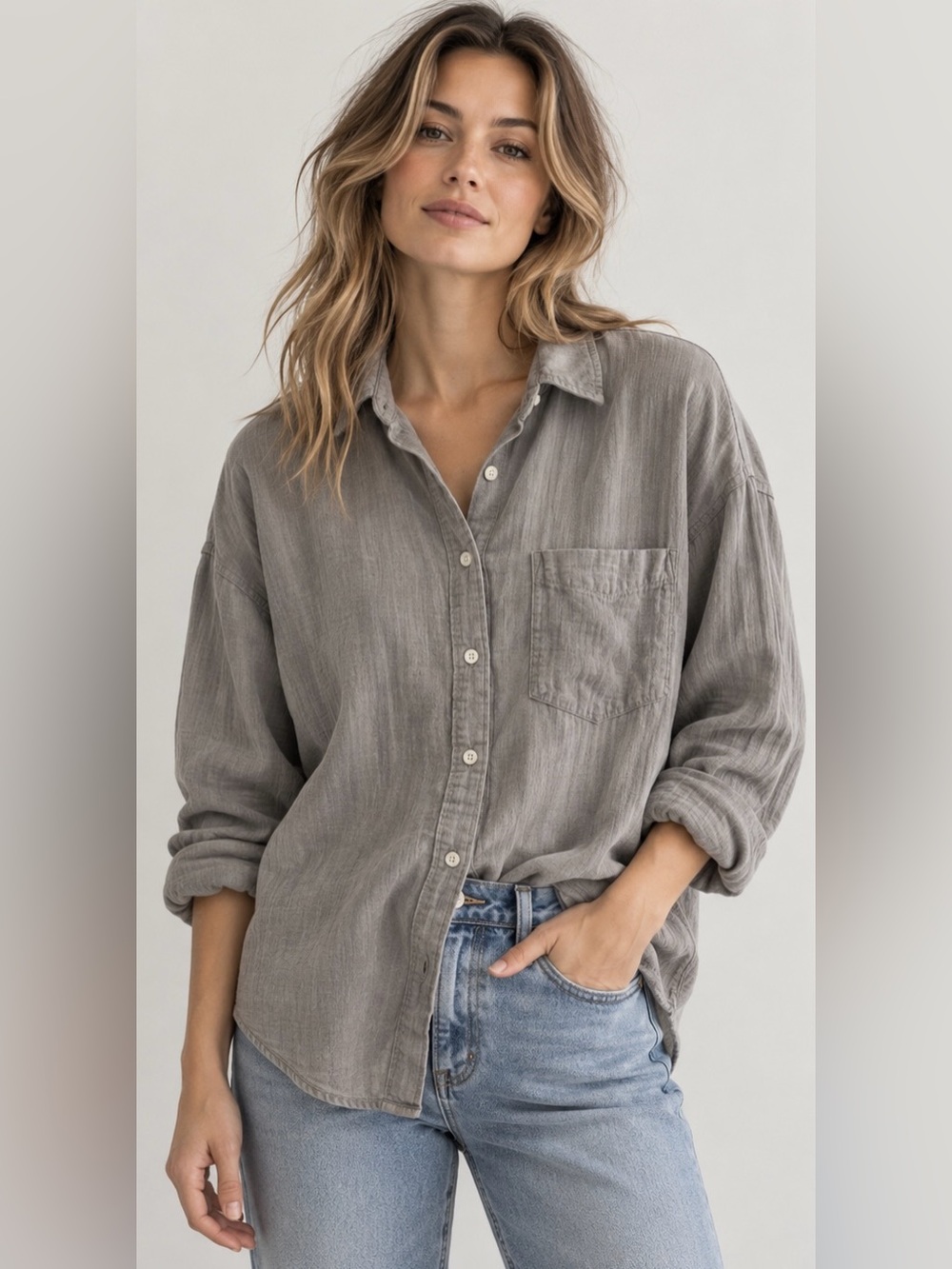 ARITZIA Community Cotton Linen Oversized Button Down Shirt, beige taupe, Large
